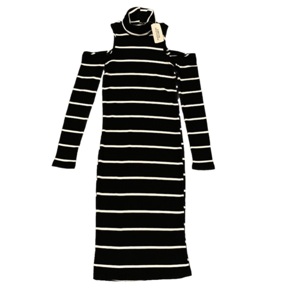Forever 21 Ribbed Cold Shoulder Turtleneck Dress Size S Black/White Stripes, NWT